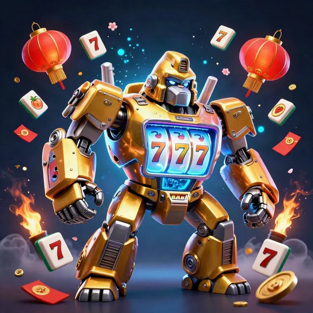Golden gorilla slot-mech with tiny monkey pilot amid icy cyan casino sparks and lucky charms.