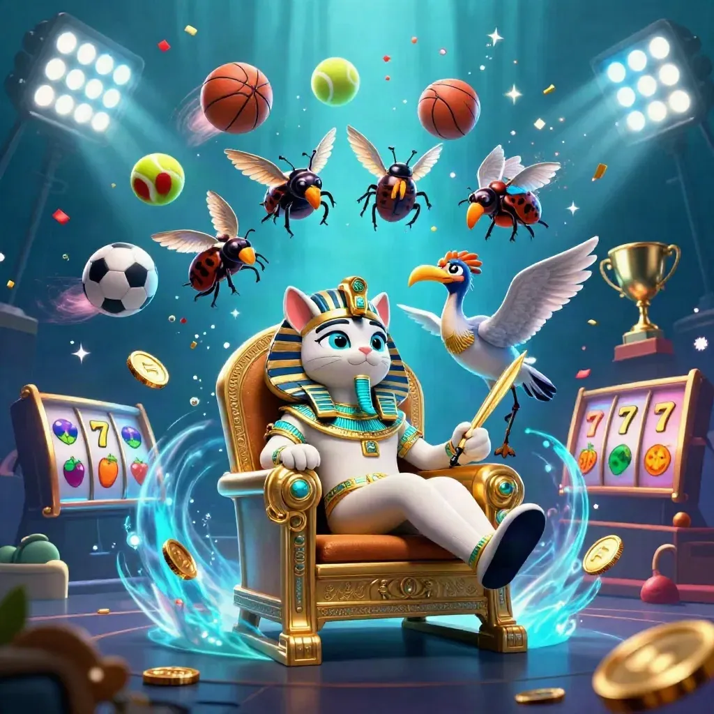 Pharaoh cat, ibis scribe and gem-wing scarabs amid icy casino magic and flying sports balls.