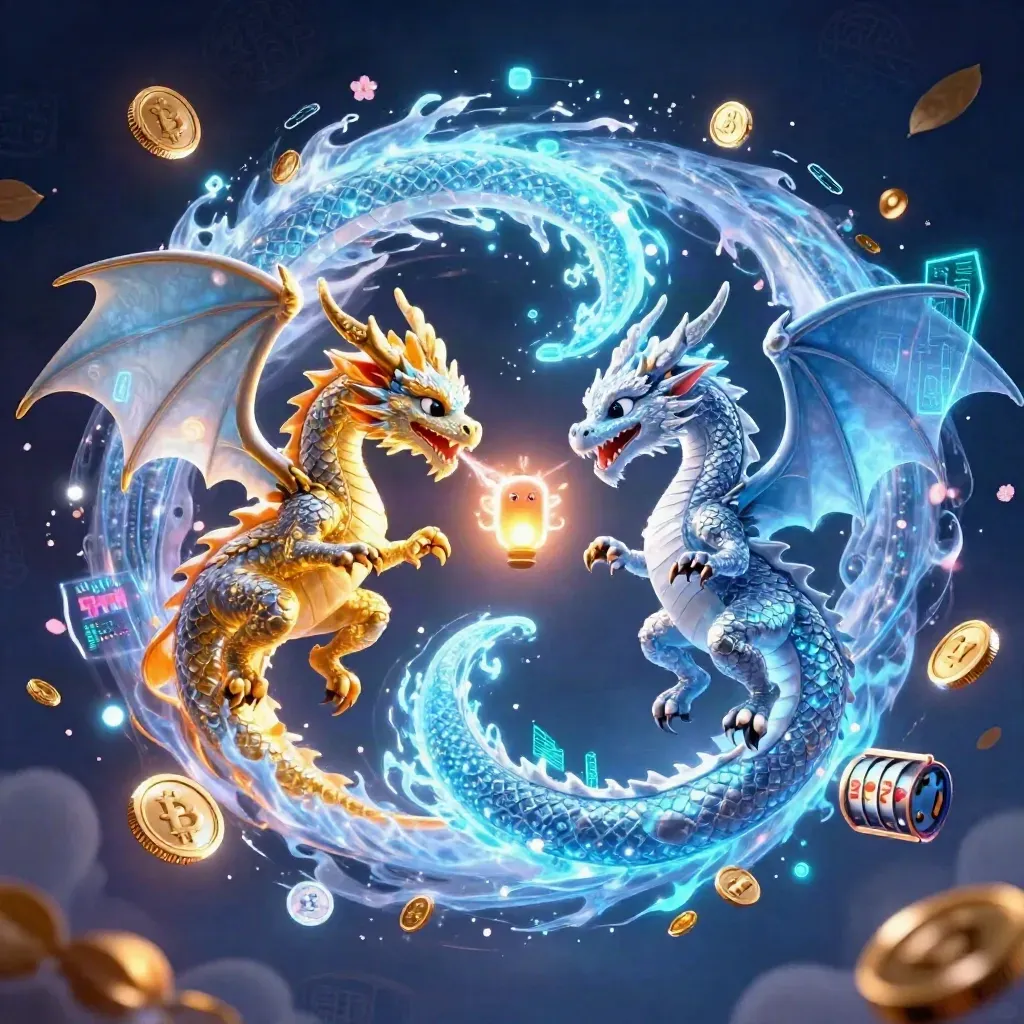 Two intertwined icy dragons form a yin-yang with coins, runes, reels, and neon casino sparks.