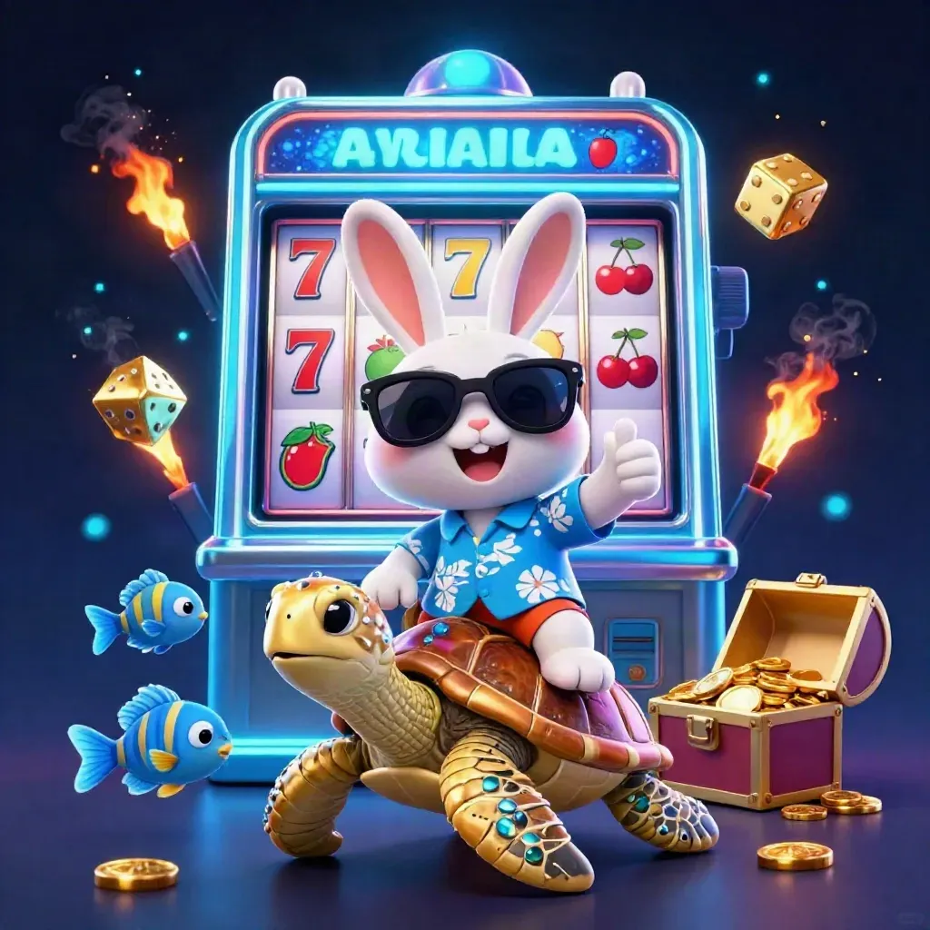 Lucky rabbit rides a gold turtle as slot symbols and treasure burst in icy neon light.