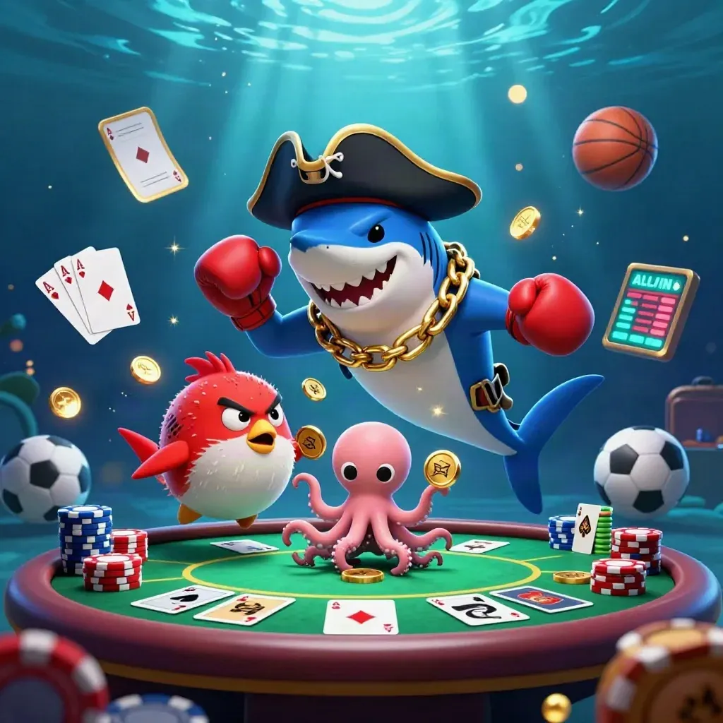 Shark pirate, boxing pufferfish, and octopus amid casino chips underwater
