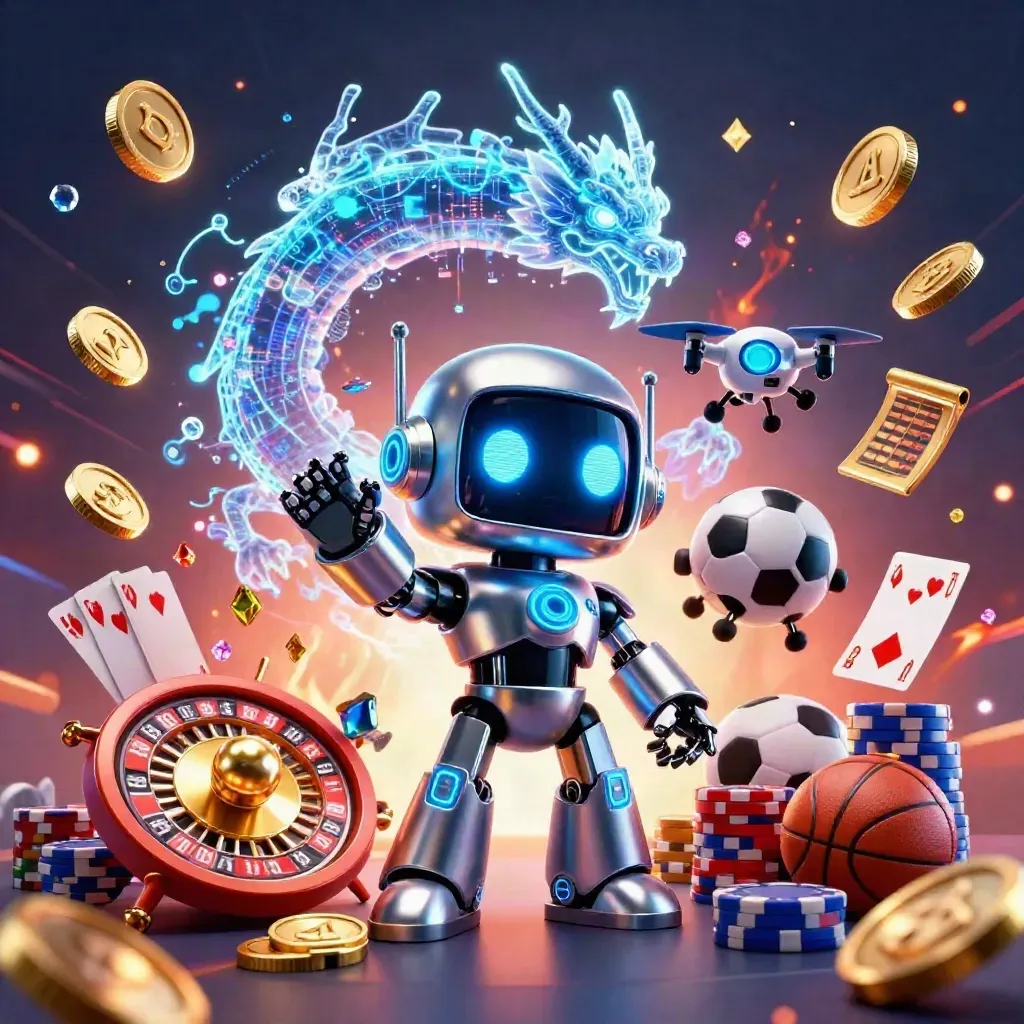 Cyberpunk robot, holographic dragon and coin drone amid casino symbols and icy neon glow