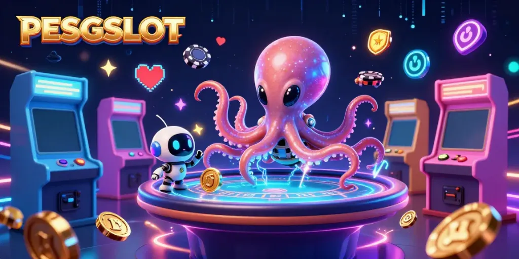 Memenangkan jackpot di PESGSLOT dengan alien gurita dan robot yang mengoperasikan meja poker holografis.
