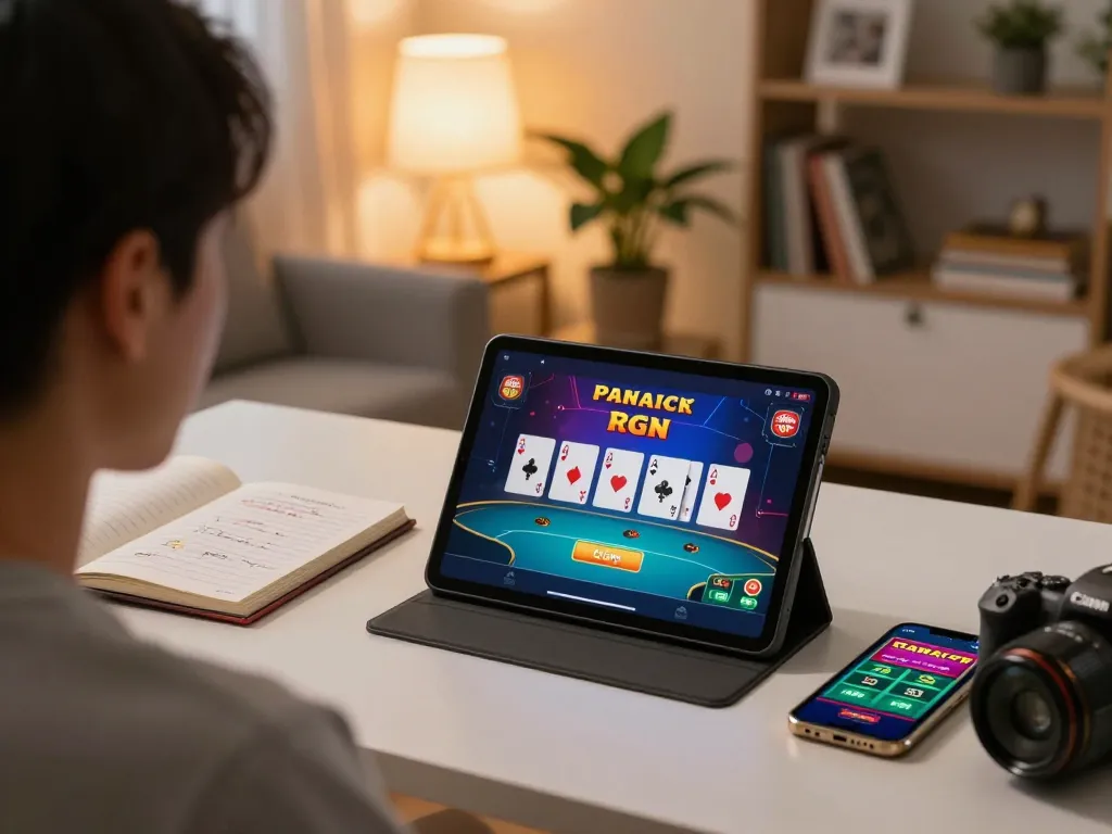 Engaging in fun Canada online casinos on tablet, surrounded by strategy notes, showing responsible gaming.