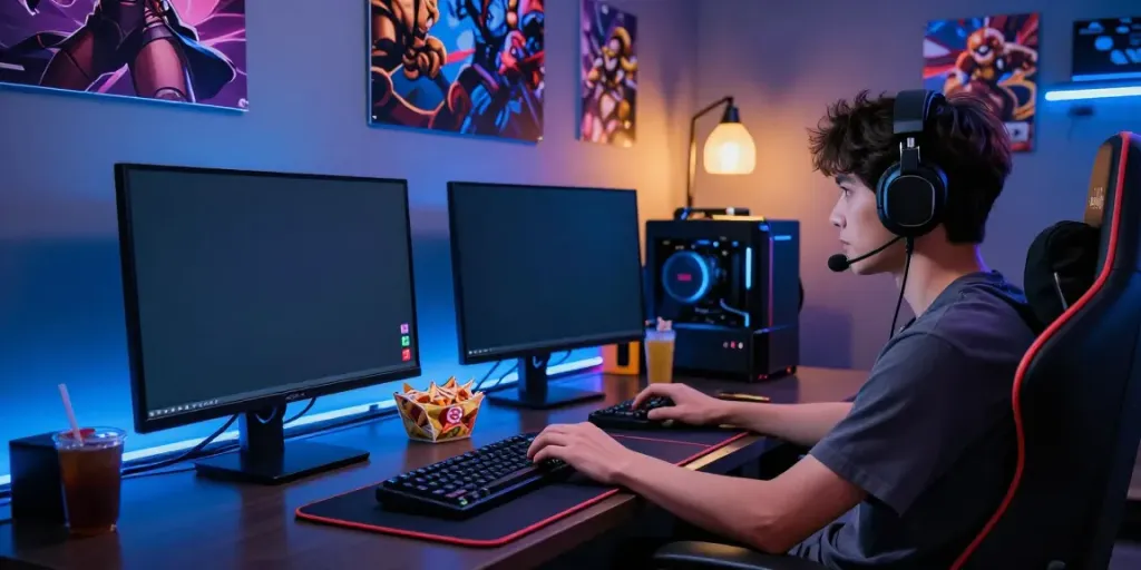 Pengguna bermain Mahjong Ways 2 di meja modern, menampilkan suasana gaming yang energik dengan dekorasi yang menarik.