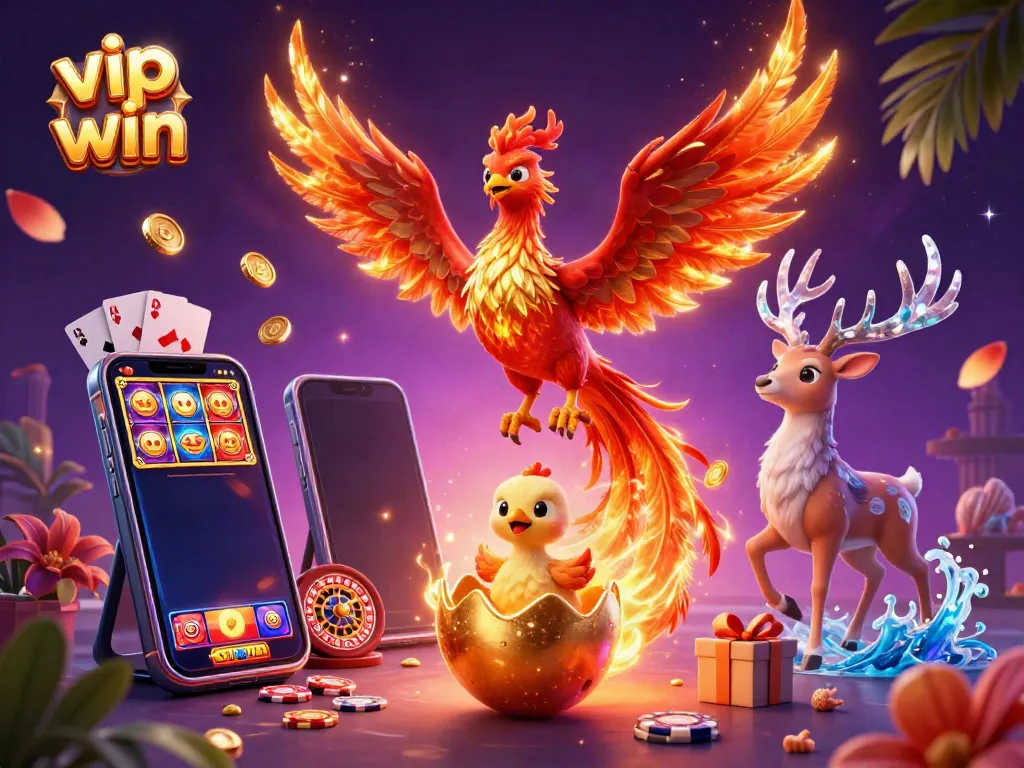 Experience the excitement of vip win with a vibrant 3D phoenix scene featuring casino elements.