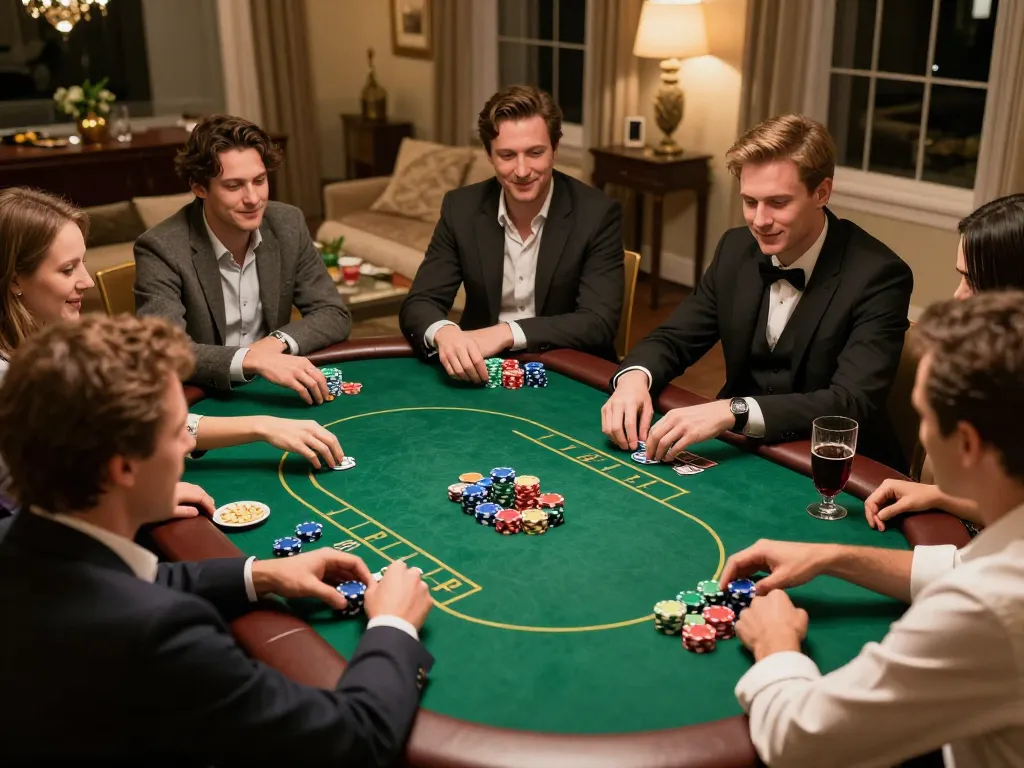 uu88 players enjoying a friendly poker game night at home, vibrant atmosphere and strategic play.