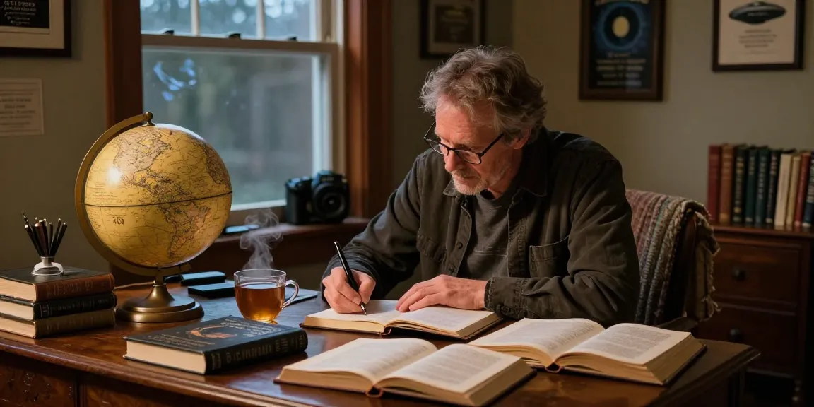 T Allen Greenfield writing about spirituality and UFOs at https://tallengreenfield.com in a cozy study environment.