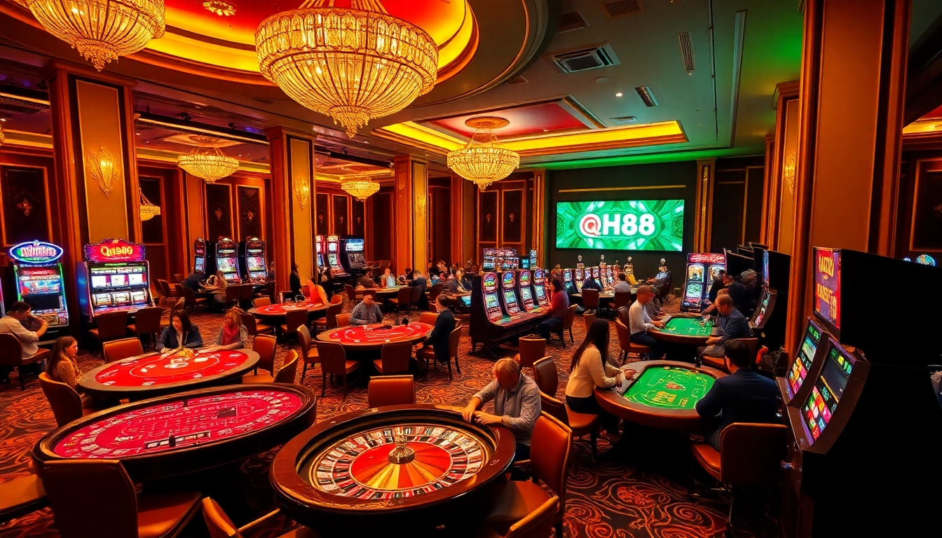 View players enjoying thrilling games at qh88 casino, featuring poker tables and vibrant slot machines.