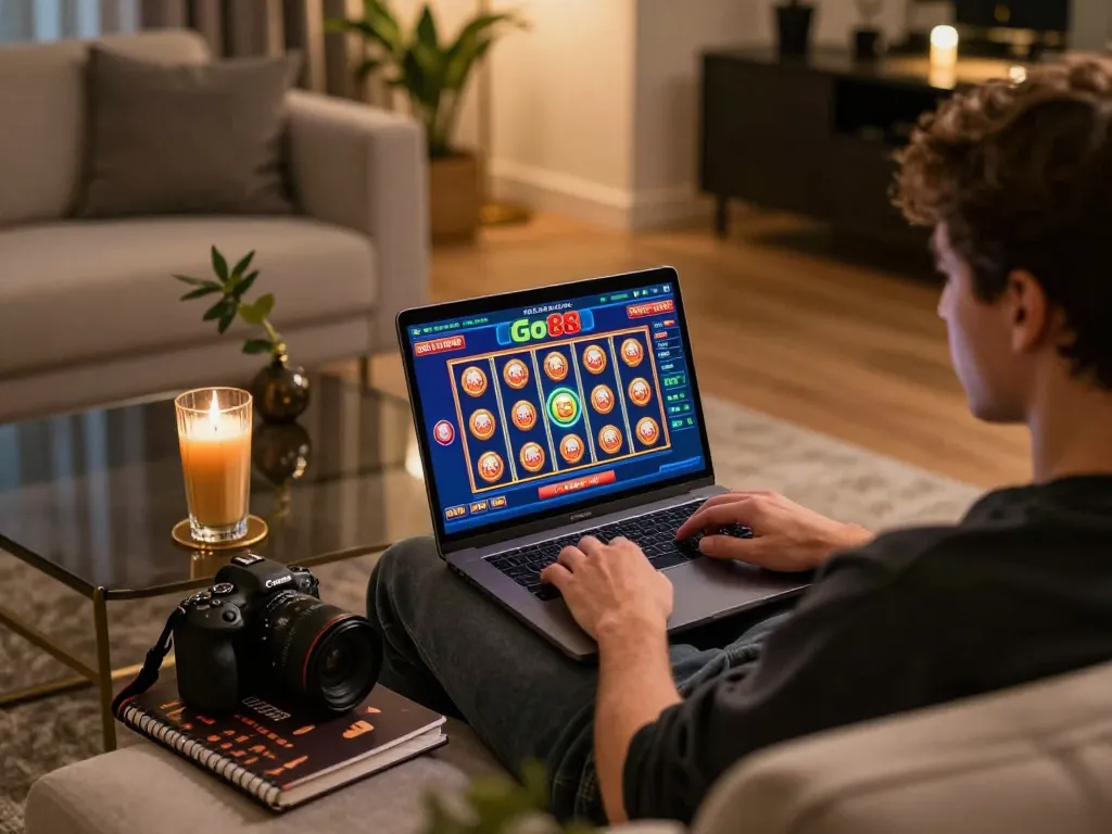 Playing Go88 online casino slots in a cozy home setting with vibrant graphics and a strategic notebook.