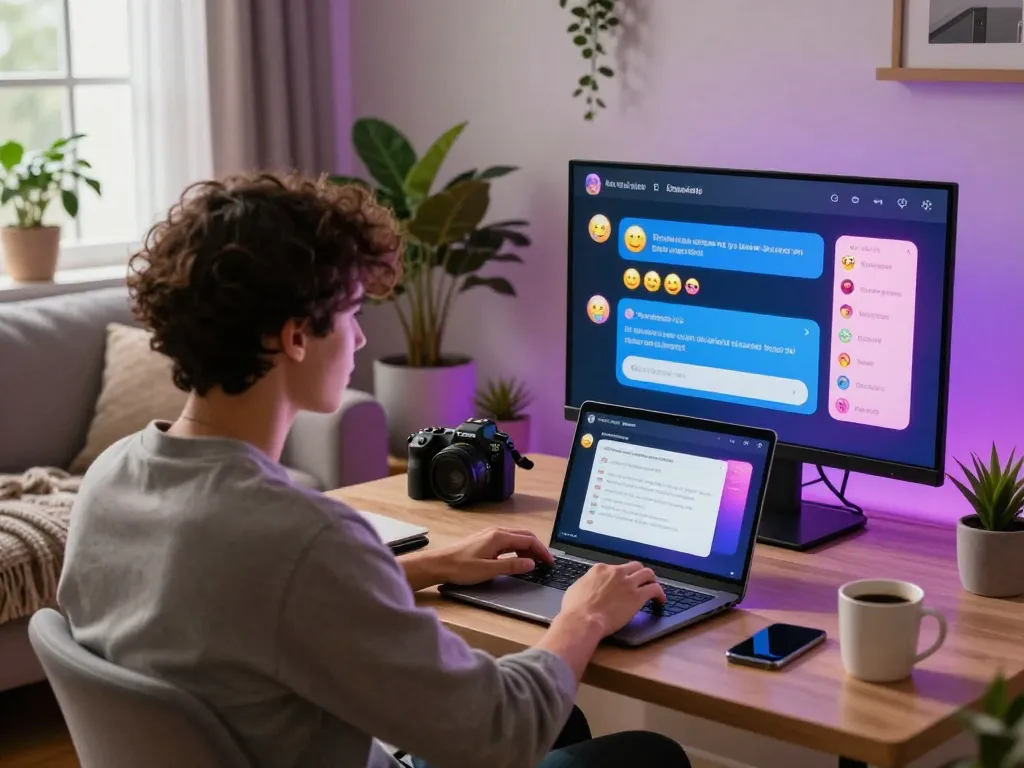 Engaging in ai sex chat at a cozy home workspace with vibrant lighting.
