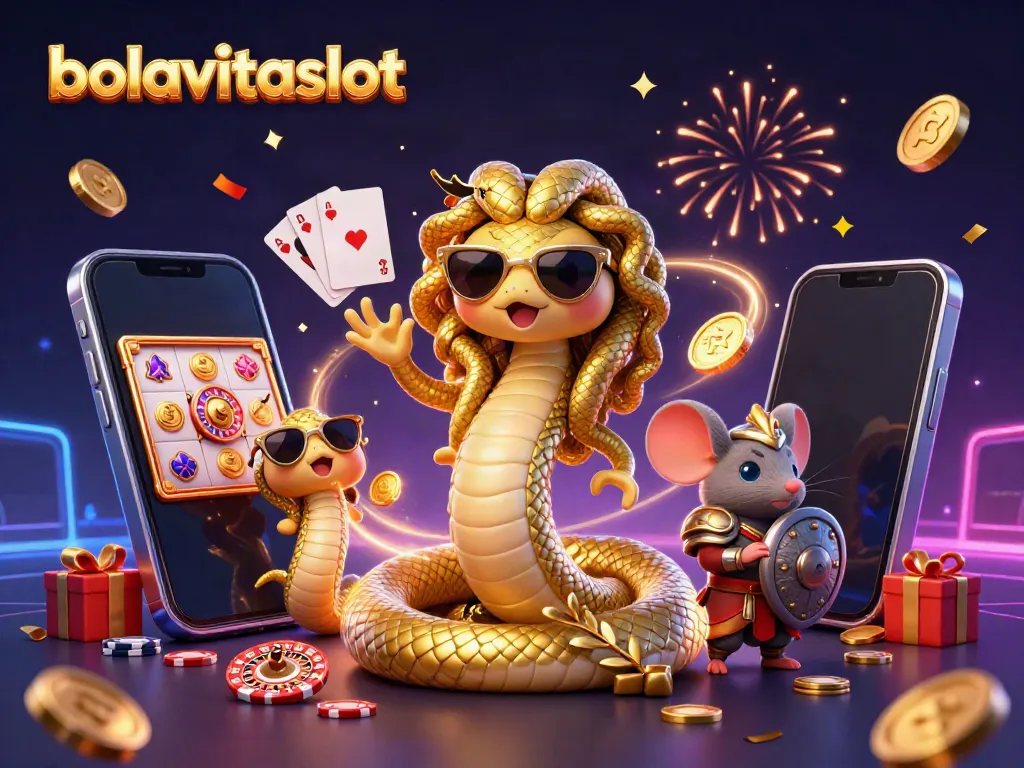 Engage with bolavitaslot's vibrant casino world, showcasing colorful slot games and festive characters.