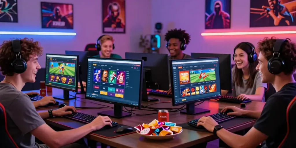 Group of friends enjoying online games on xx88 platform in a lively setting
