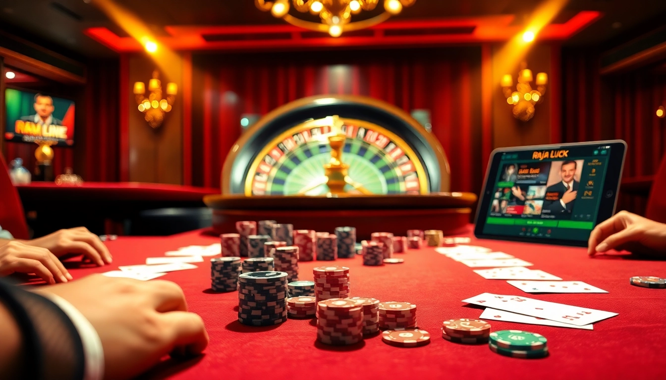 Engaged players enjoying a raja luck casino experience at an elegant gaming table filled with chips and cards.