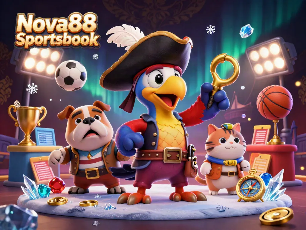 Experience the dynamic Nova88 Sportsbook with vibrant sports betting scenes and engaging characters.