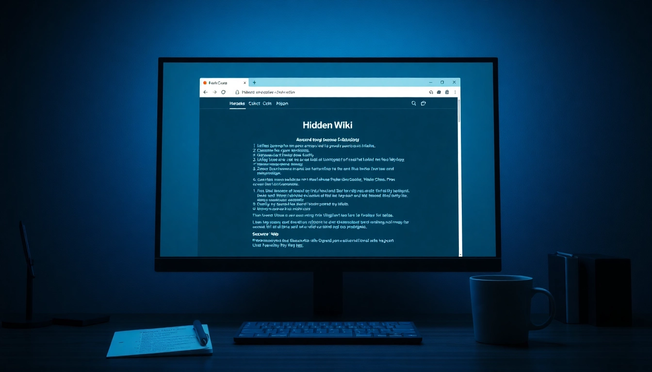 The hidden wiki directory interface showcasing secure .onion links on a modern computer.
