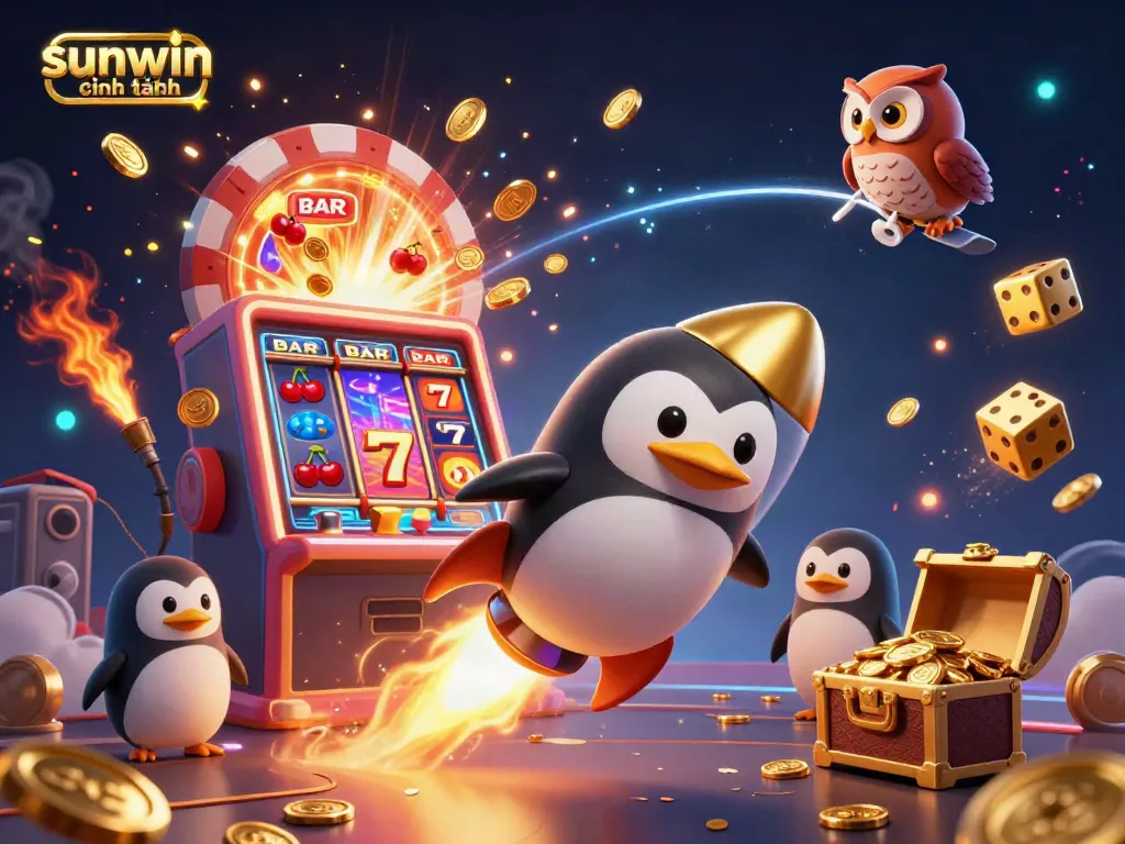 Engage in thrilling gaming moments at sunwin chính hãng featuring a golden penguin racing towards a casino space station.