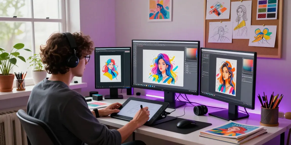 Artist creating vibrant NSFW AI illustrations in dynamic digital workspace.