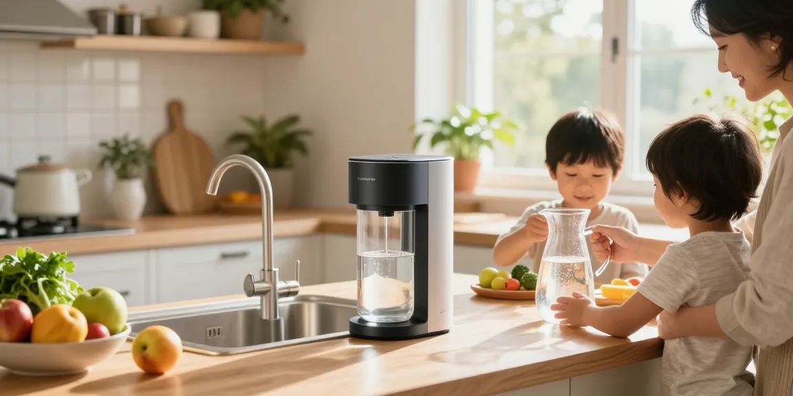 AQUA CREST GXRLQR NSF/ANSI 401 Certified water filter system in a bright kitchen, promoting clean drinking water.