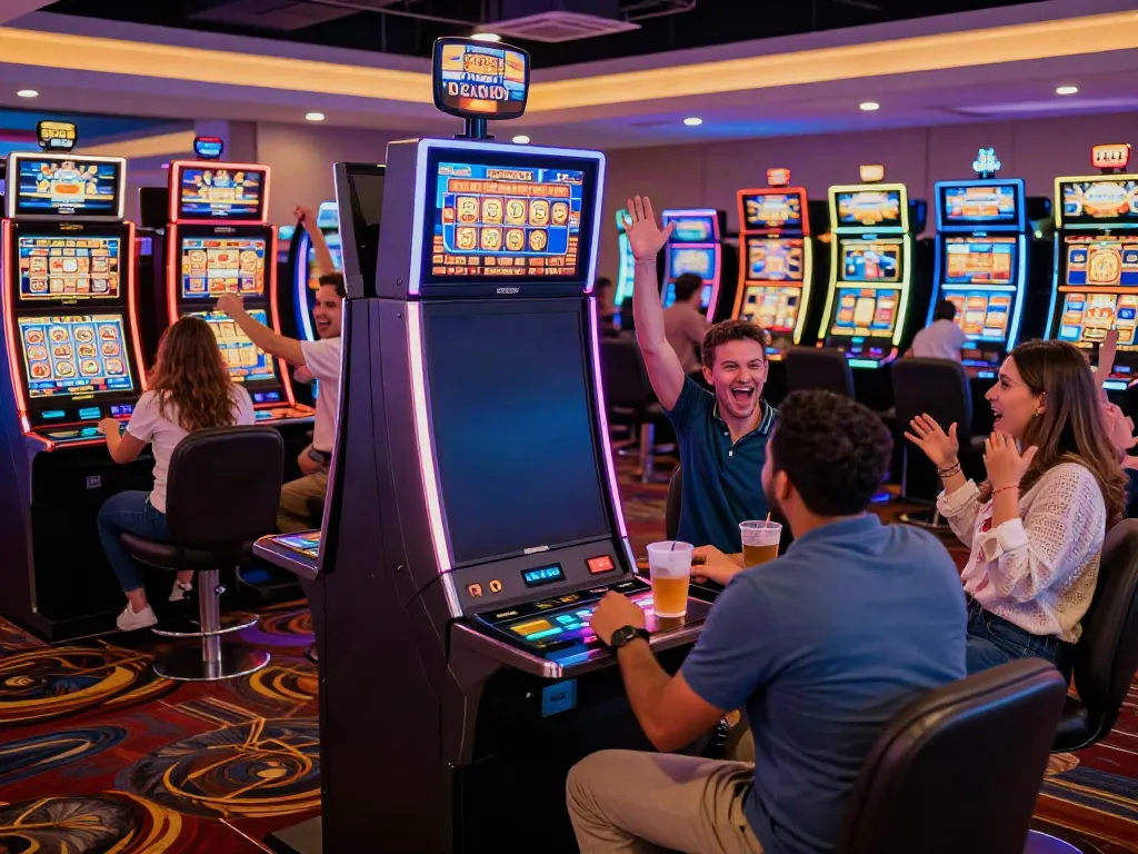 Lucky777 casino scene with players enjoying vibrant slot machines and celebrating wins.