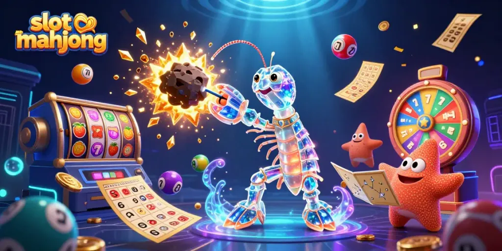 Menangkan jackpot 100% dengan slot mahjong, simbol buah mengelilingi karakter dalam suasana kasino yang dinamis.