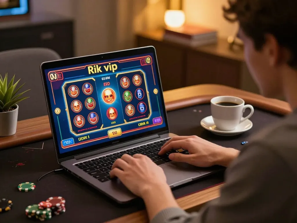 Engaging in online games at rik vip on a laptop, showcasing a vibrant casino interface