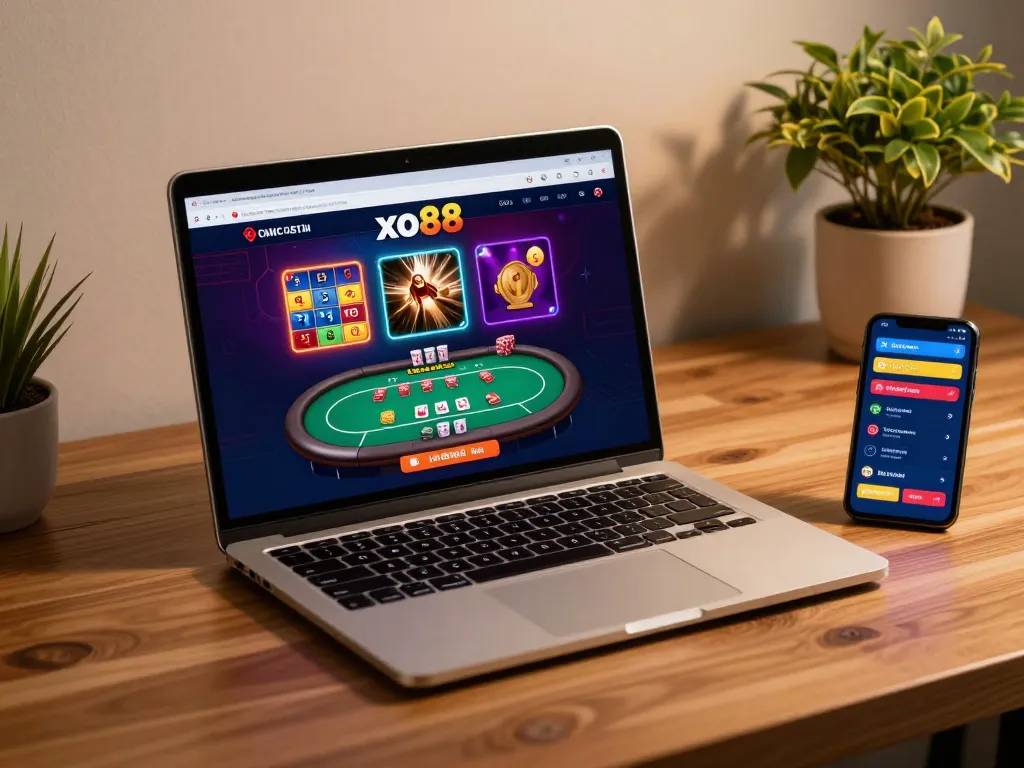 Engaging online gambling at xo88 with vibrant game displays on a laptop, showcasing strategic bets.
