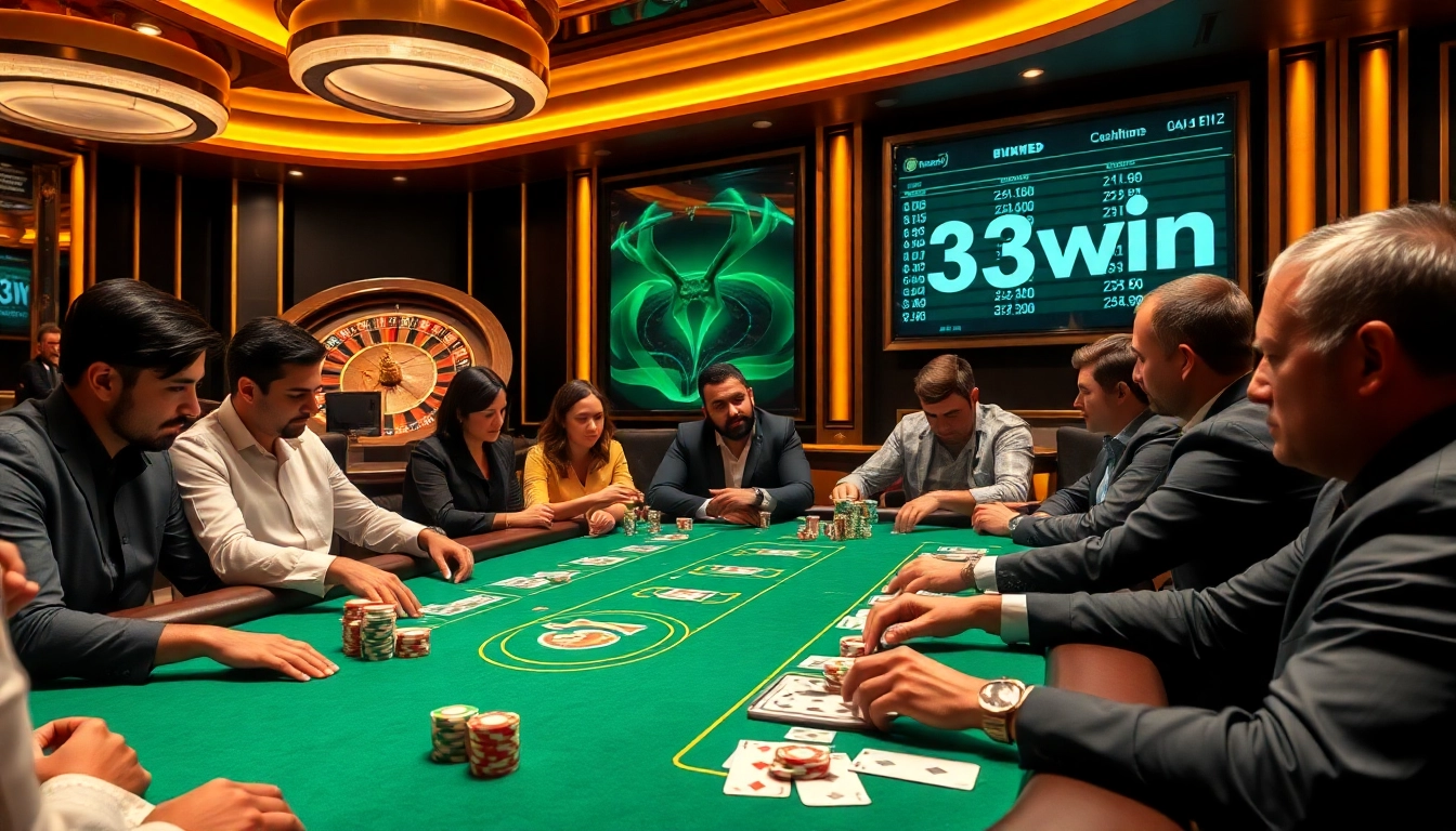 Engage with 33win at a luxurious casino table during an intense poker game.