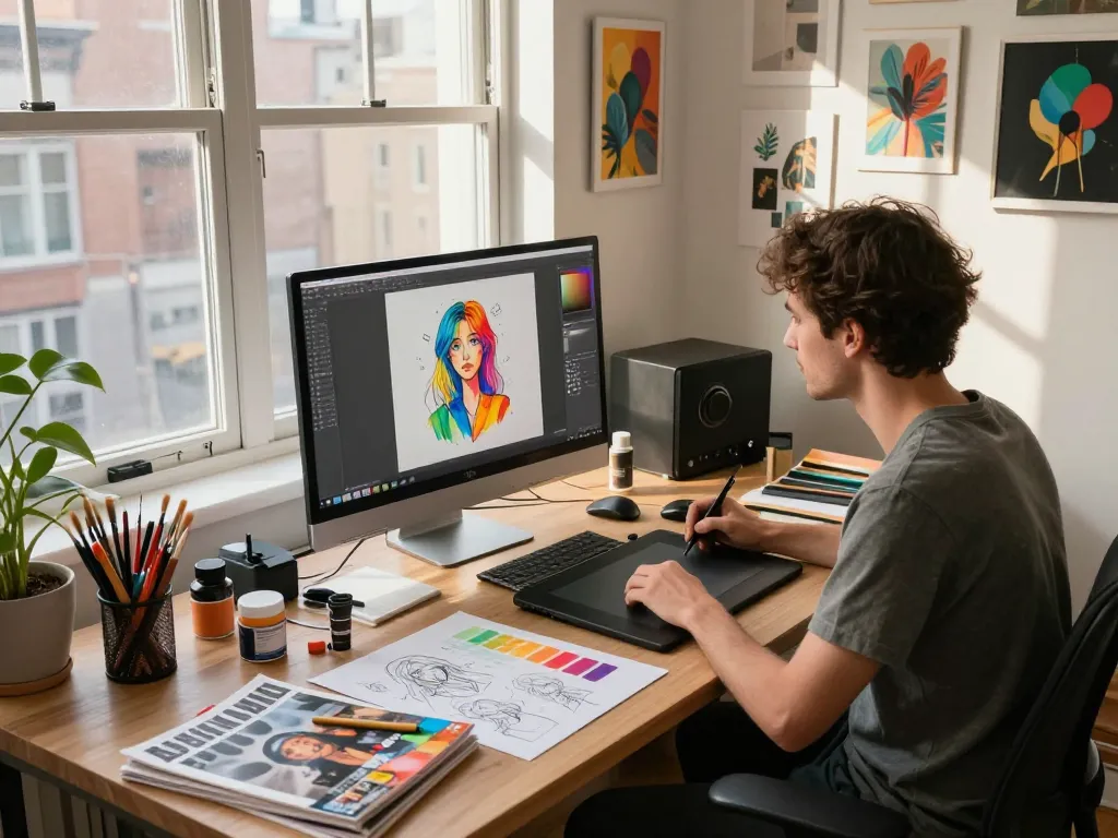 Digital artist creating ai nsfw artwork in a stylish home studio