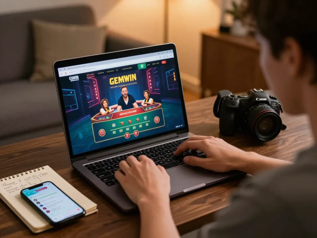 Engaged player using GEMWIN online casino on laptop, analyzing betting strategies with notebook.