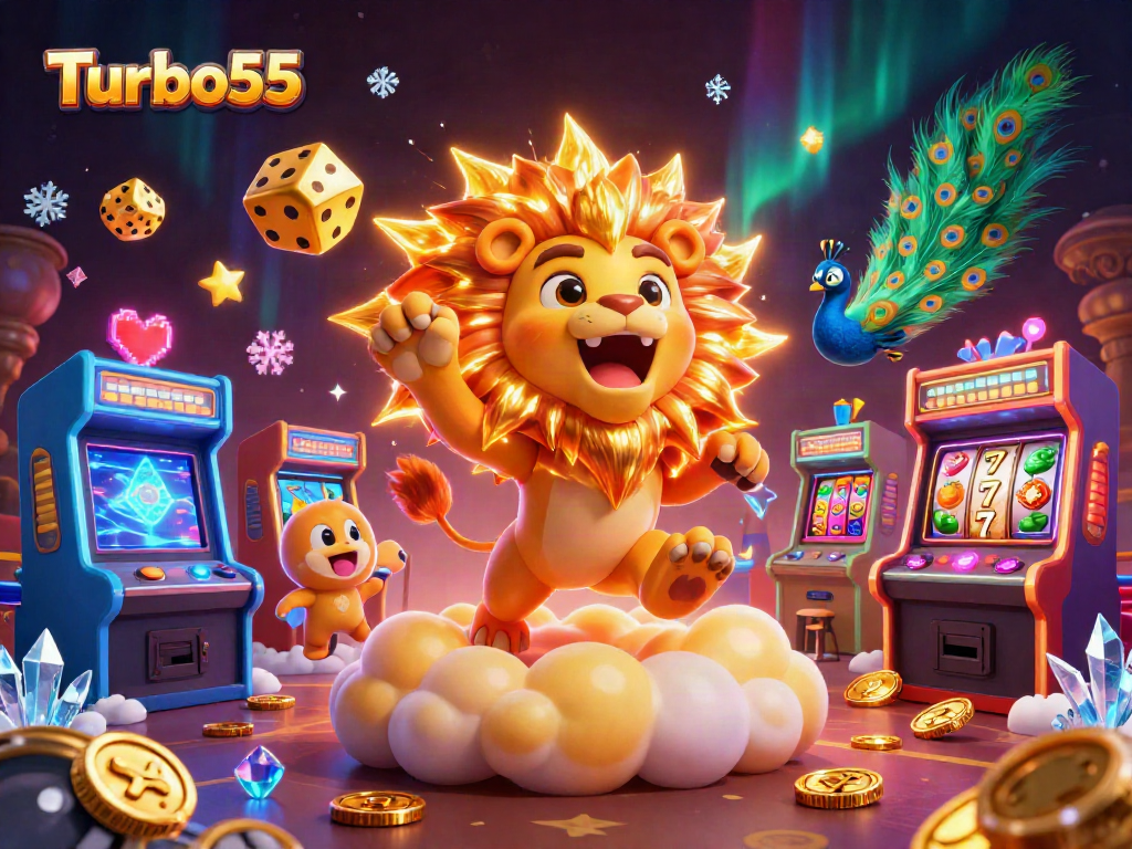 Turbo55 showcases dynamic 3D illustration featuring a roaring sun lion among casino elements.