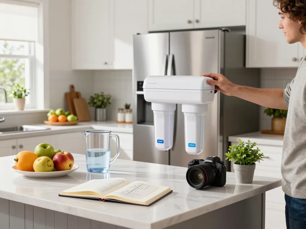Installing the Waterdrop DA97-17376B Replacement for Samsung® HAF-QIN/EXP in a bright modern kitchen with fresh fruits and a clean atmosphere.
