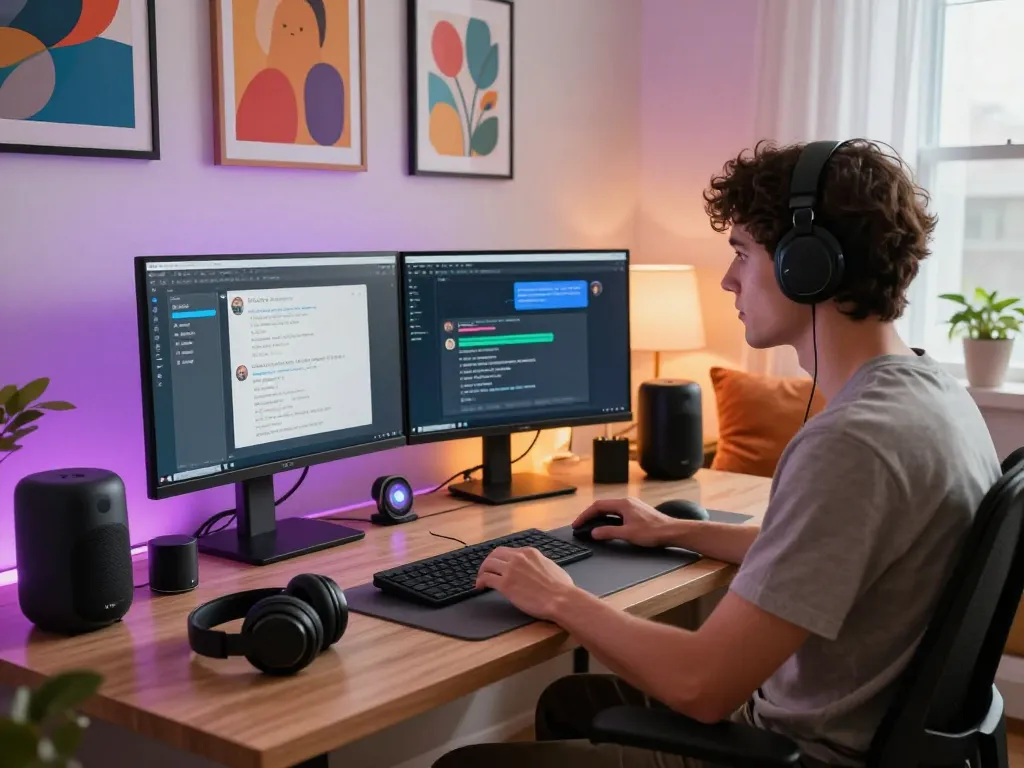 Engaging user in an ai sex chat setting with vibrant tech ambiance.