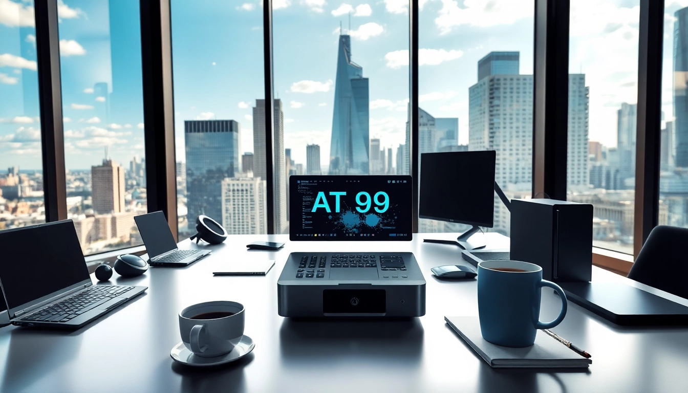 Showcase of AT99 device in a modern workspace with sleek tech accessories.
