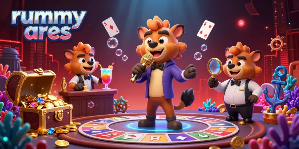 Experience thrilling rummy action at Rummy Ares with vibrant scenes of hyenas entertaining in a lively casino.