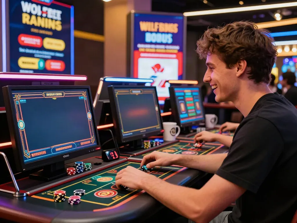 Excited player at the online casino exploring games with Wolfbet Bonus official Page promotions.
