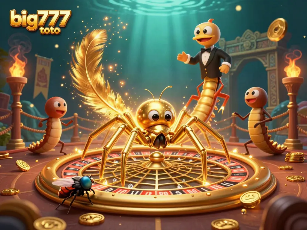 Engage with big777 toto as a golden spider spins a roulette web filled with coins and particles.