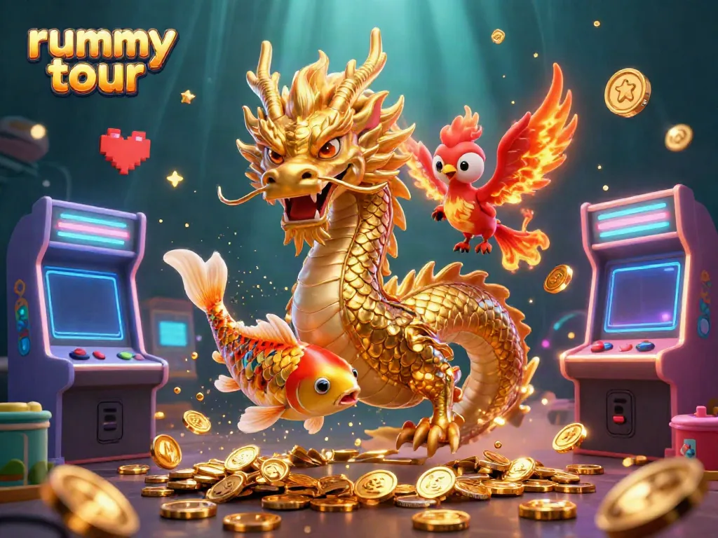 Permainan Rummy Tour dengan naga emas dan phoenix merah melawan latar belakang berkilau.