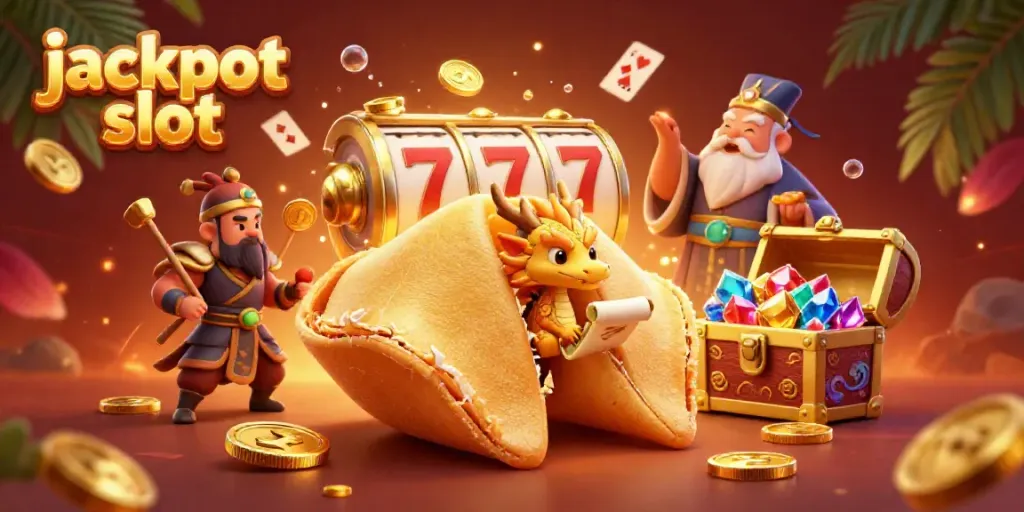 Engage in jackpot slot excitement with a vibrant scene of golden fortune cookies, dynamic characters, and sparkling treasures.