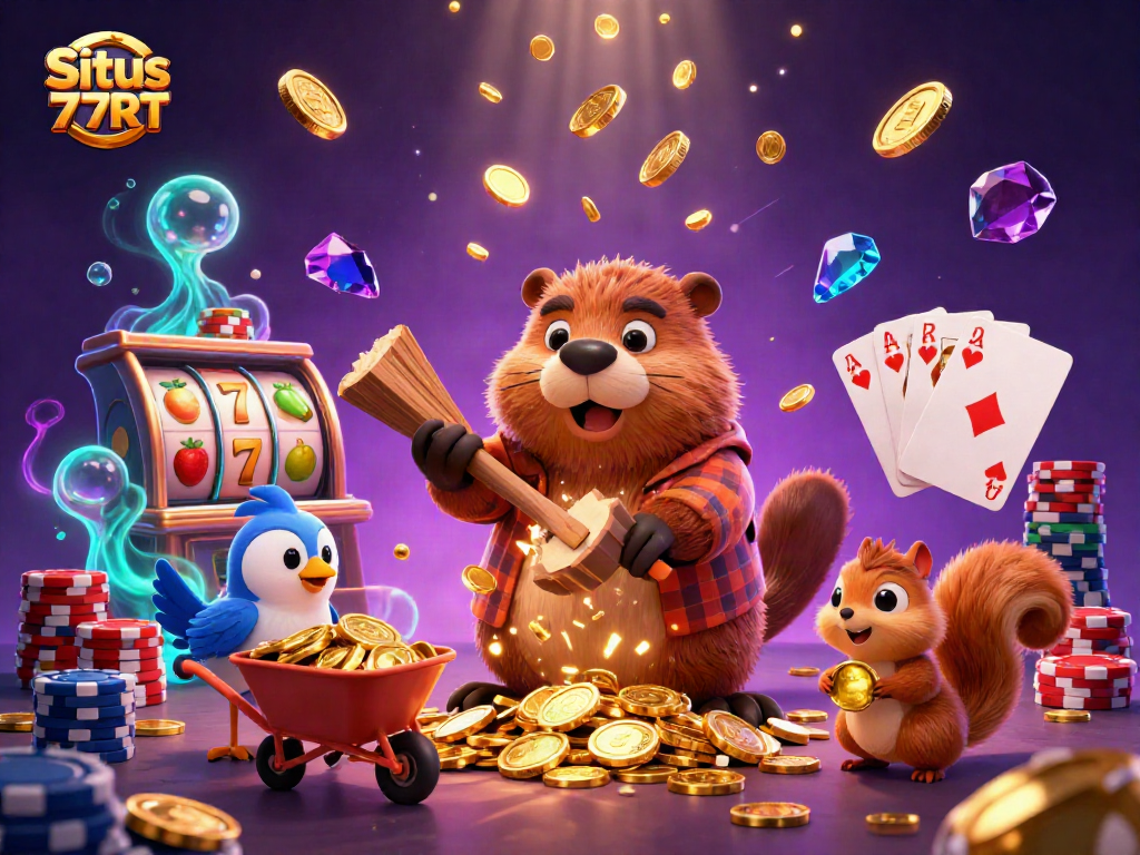 Situs 77RT reveals a vibrant scene with a beaver, bird, and squirrel celebrating casino wins amid cascading coins.