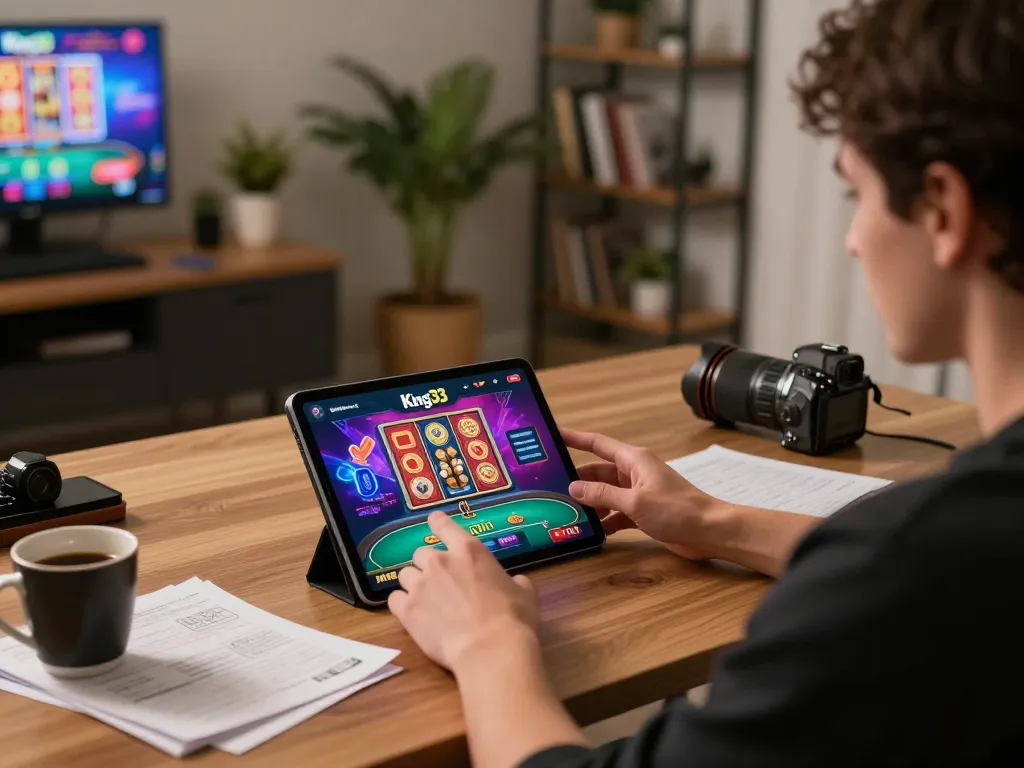 Engaging gameplay on King33 app with user strategizing in cozy home setup