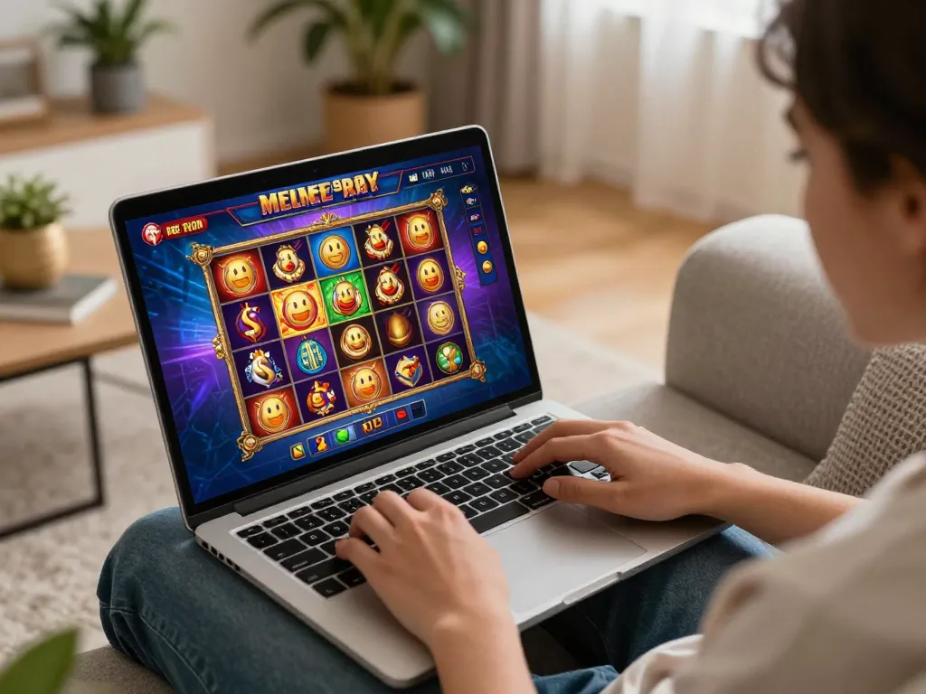 Pemain berinteraksi dengan slot hargatoto RTP tinggi di laptop, menampilkan pengalaman permainan online yang menarik.