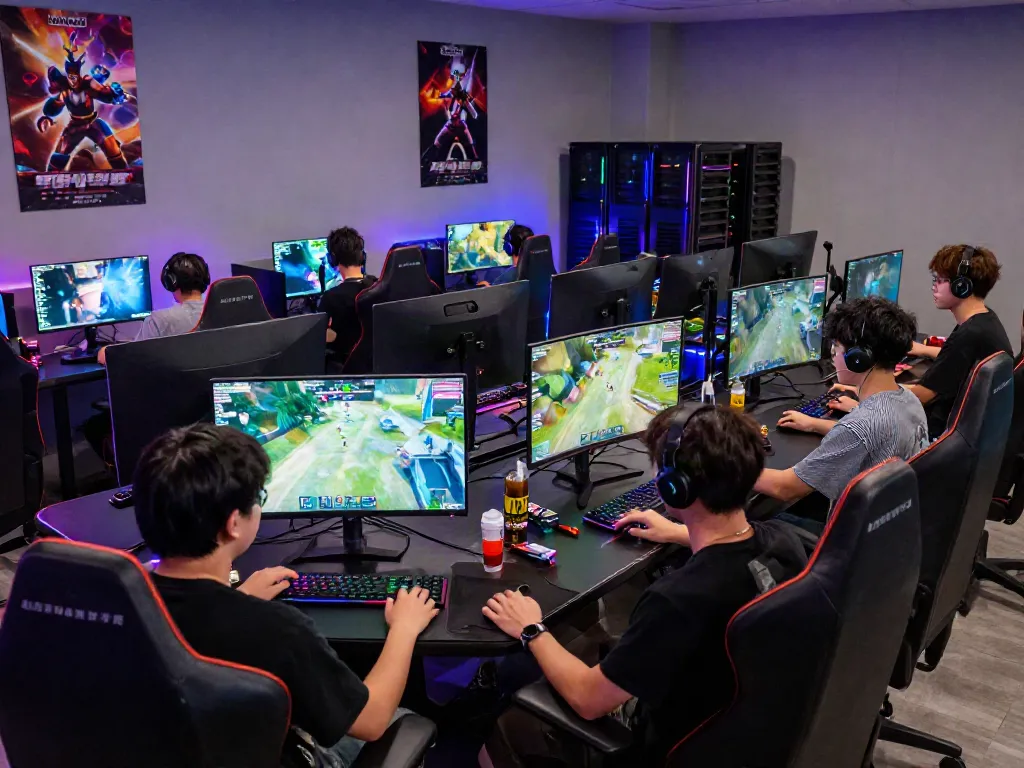 Players deeply immersed in akunjp online gaming experience in a vibrant lounge.