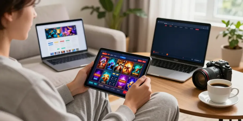 Engaging online gambling scene featuring unsurtoto gaming interface with a player enjoying a cozy home environment.