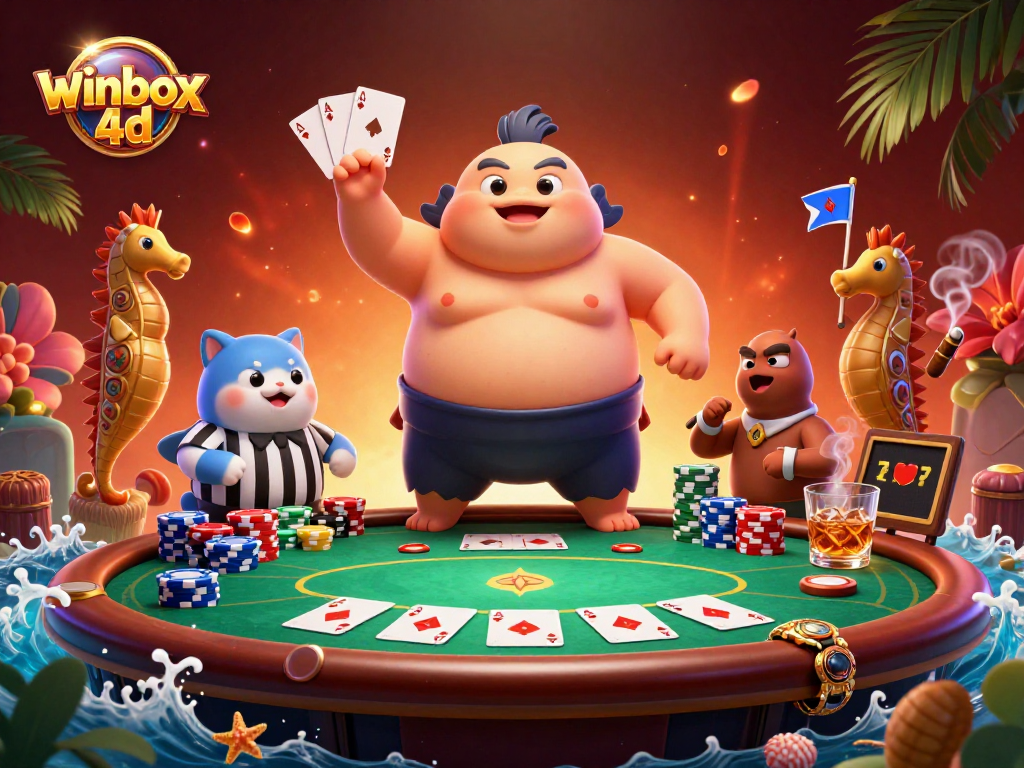 Players enjoy winbox 4d poker with 3D fugu and catfish referee in vibrant underwater scene