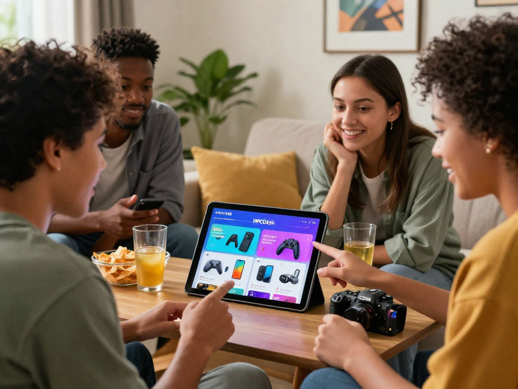 Enjoy a lively shopping scene at mpocash.blog with friends exploring gadgets together.