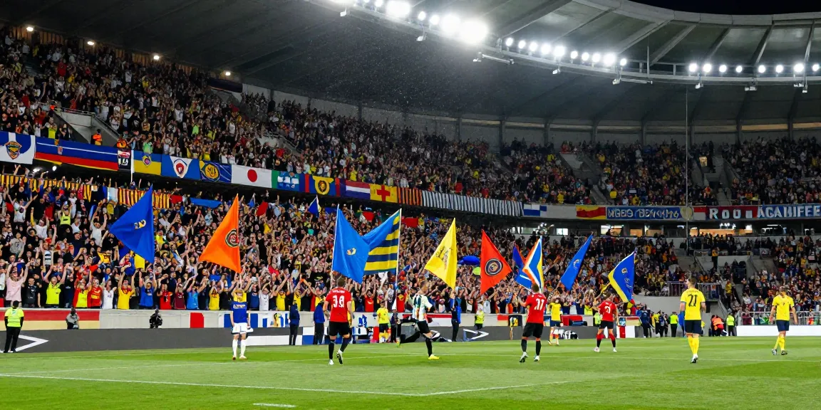 شاهد المباريات هنا - Excited fans in stadium cheering for live football match, vibrant colors, and high energy atmosphere.