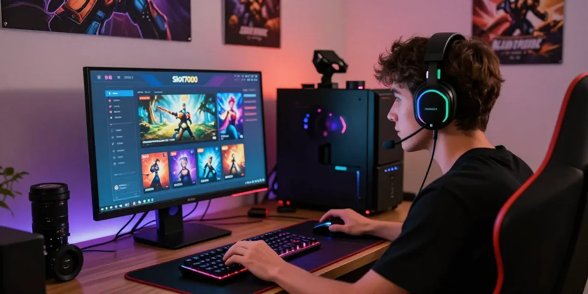 Engaging gaming scene showing a gamer using the Slot7000 platform with vibrant screen and accessories in a cozy setup.