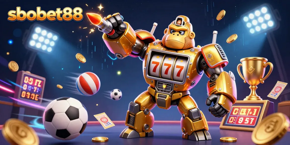 Experience sbobet88 with this vibrant 3D casino-meets-sports illustration showcasing winning elements!