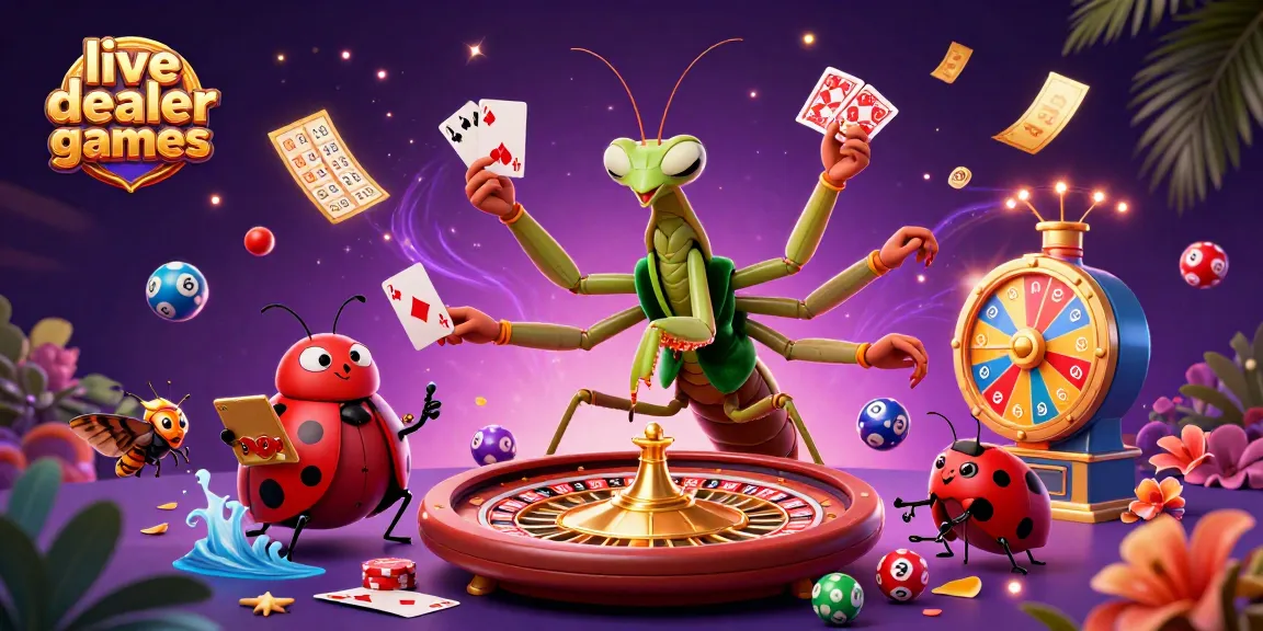 Experience thrilling live dealer games with a vibrant 3D illustration of casino characters and elements.